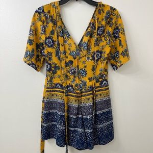 Floral yellow & blue tie-waist romper